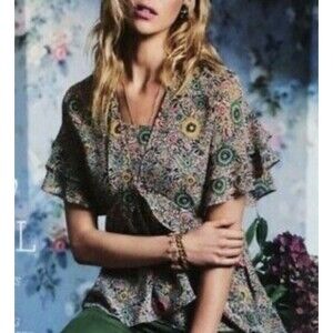 Cabi Poet Folklore Flora Short Sleeve Blouse Boho Tiered Ruffle Size M